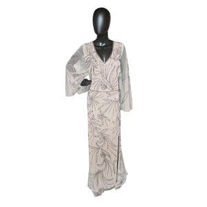 Taupe Beaded Mesh Bell Sleeve Formal Gown - Adrianna Papell